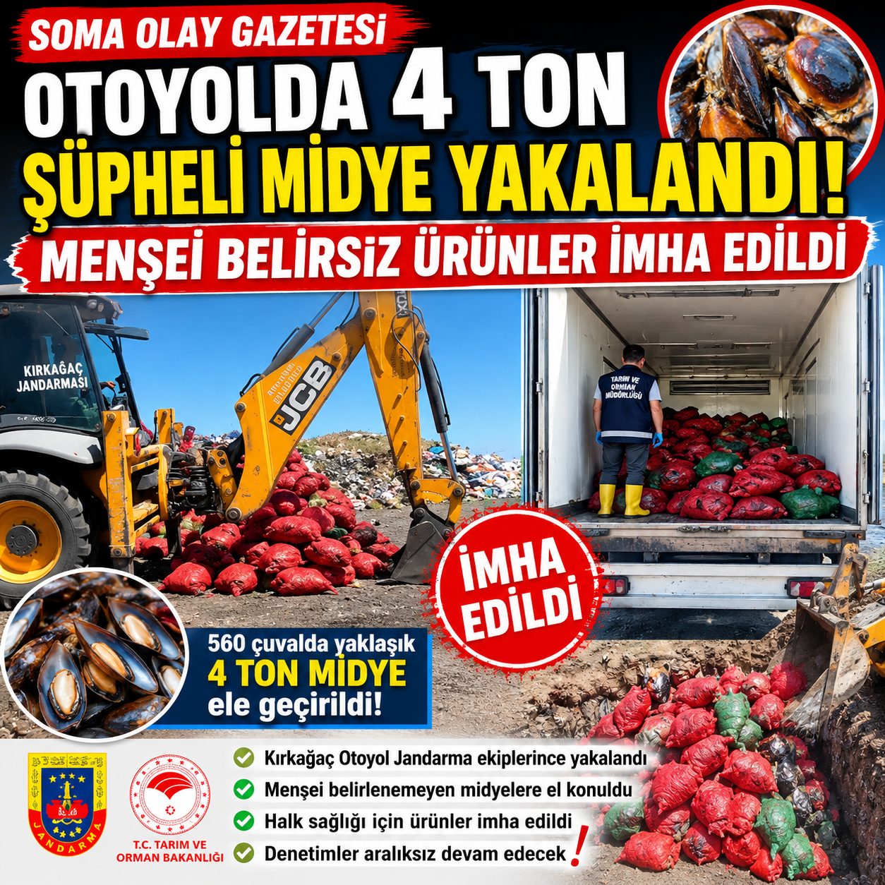Otoyolda 4 Ton Şüpheli Midye Yakalandı! Menşei Belirsiz Ürünler İmha Edildi